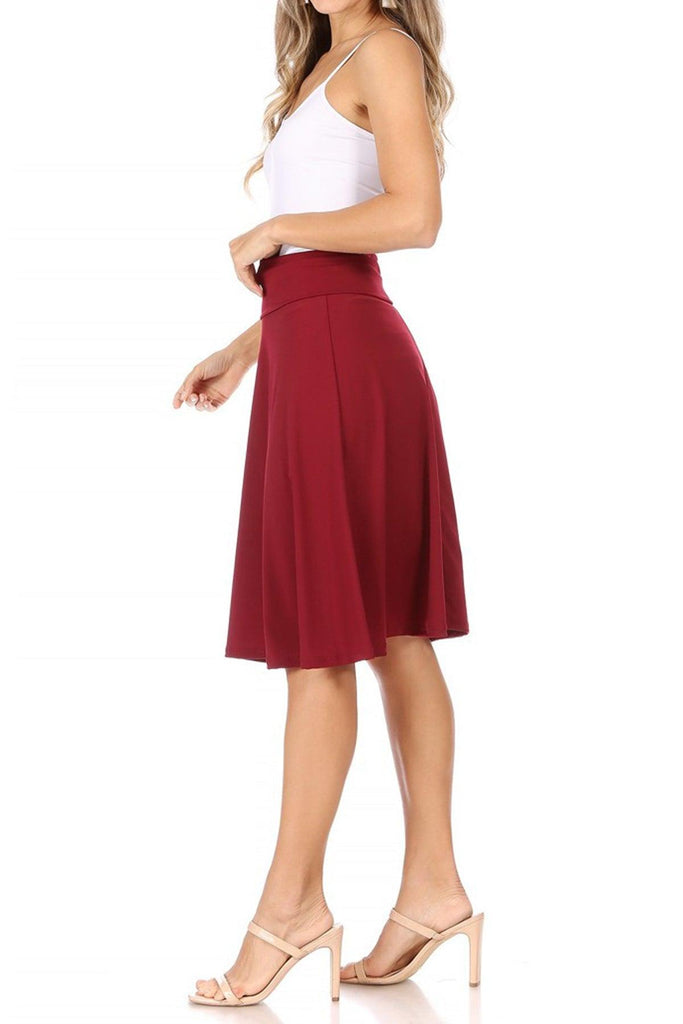 Women's Casual Solid High Waisted Knee Length Flare A-line Skirt with Elastic Waistband FashionJOA