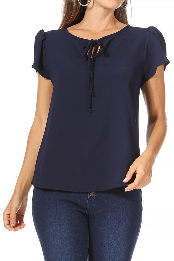 Women's Casual Solid Petal Sleeve Ribbon Tie Round Neck Key Hole Tee Blouse Top FashionJOA