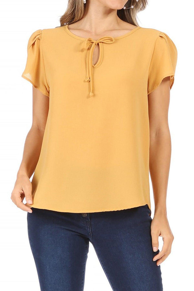 Women's Casual Solid Petal Sleeve Ribbon Tie Round Neck Key Hole Tee Blouse Top FashionJOA