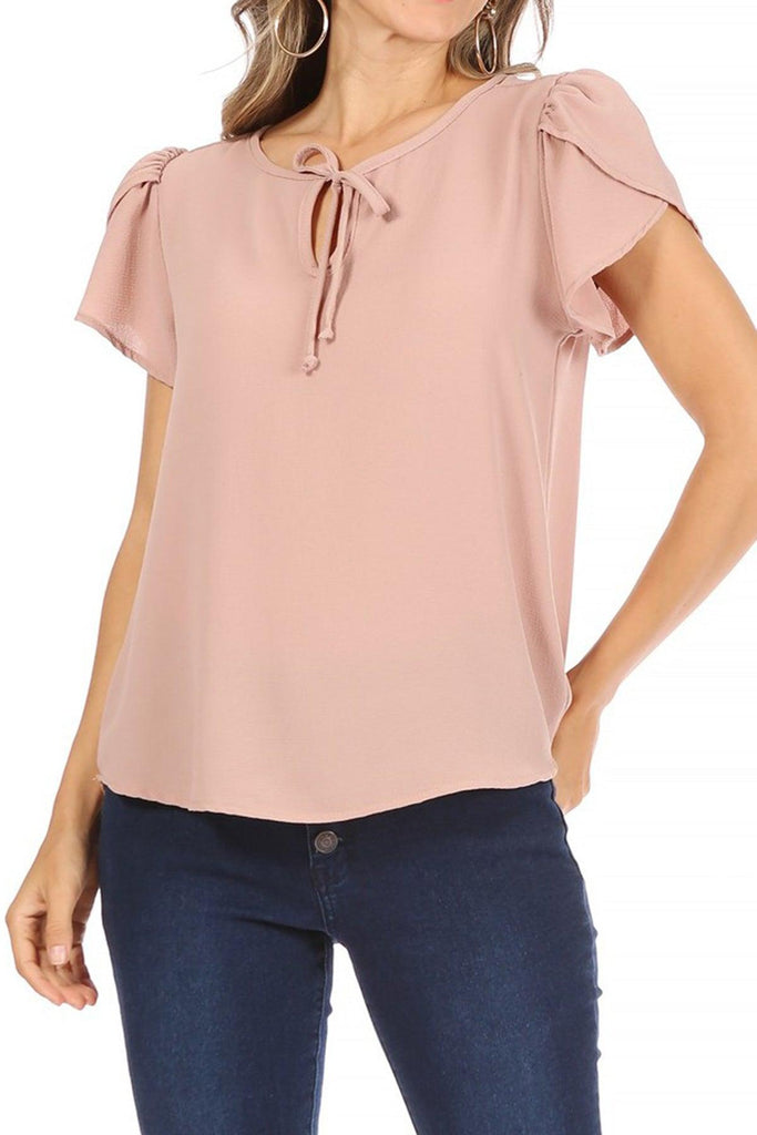 Women's Casual Solid Petal Sleeve Ribbon Tie Round Neck Key Hole Tee Blouse Top FashionJOA