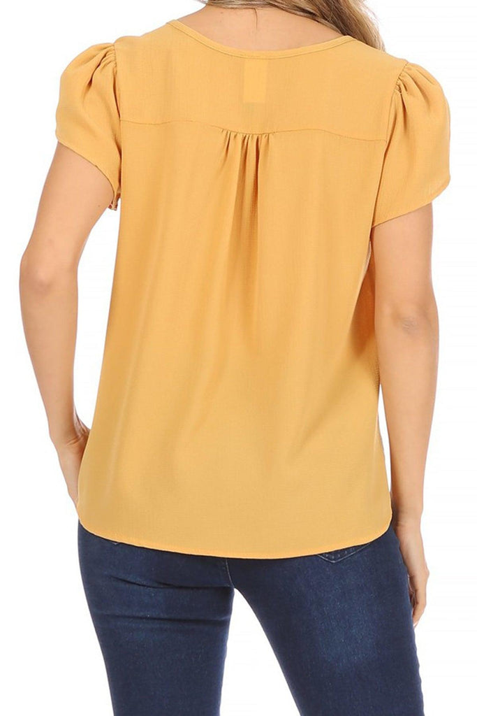 Women's Casual Solid Petal Sleeve Ribbon Tie Round Neck Key Hole Tee Blouse Top FashionJOA