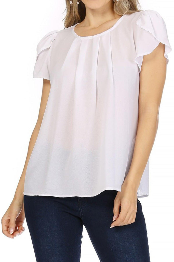 Women's Casual Solid Pleated Front Petal Cap Sleeve Round Neck Blouse FashionJOA