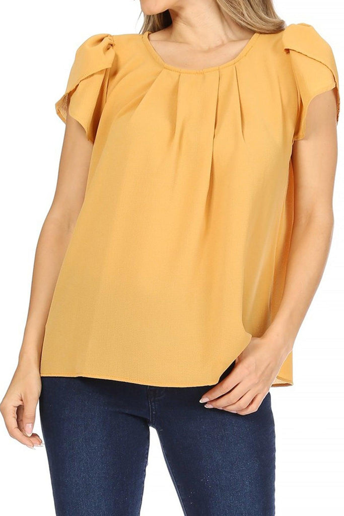 Women's Casual Solid Pleated Front Petal Cap Sleeve Round Neck Blouse FashionJOA
