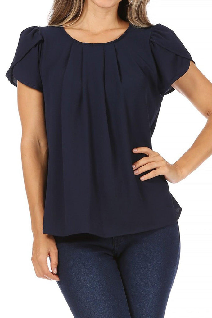 Women's Casual Solid Pleated Front Petal Cap Sleeve Round Neck Blouse FashionJOA