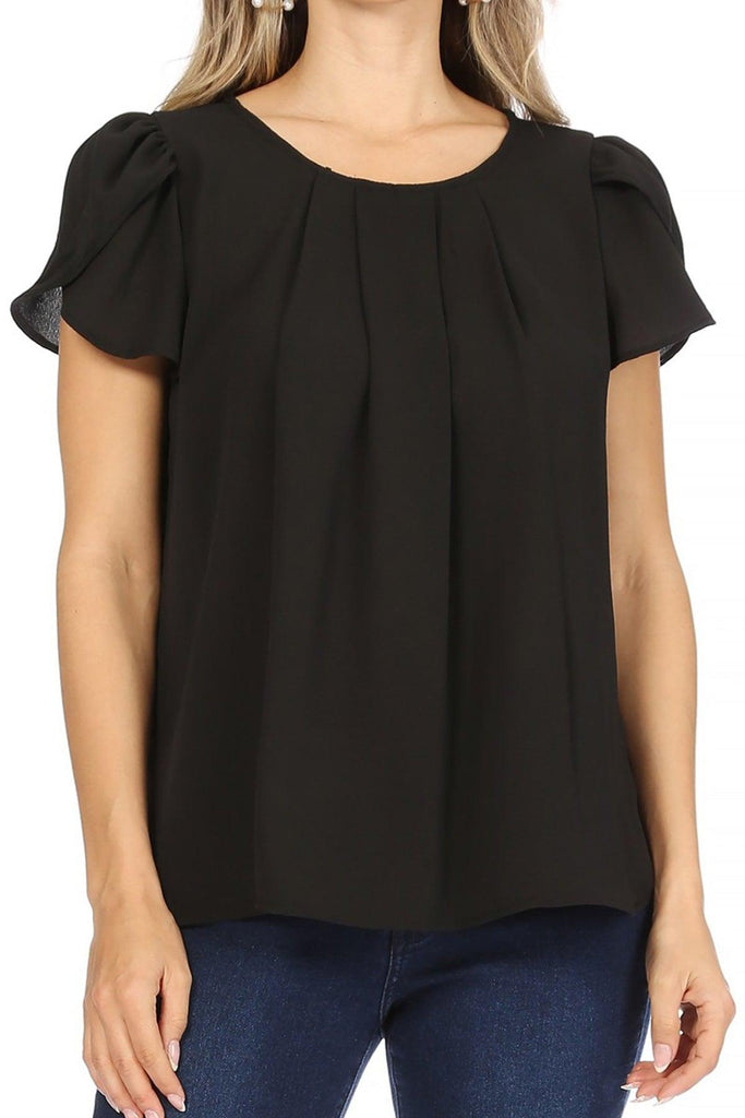 Women's Casual Solid Pleated Front Petal Cap Sleeve Round Neck Blouse FashionJOA