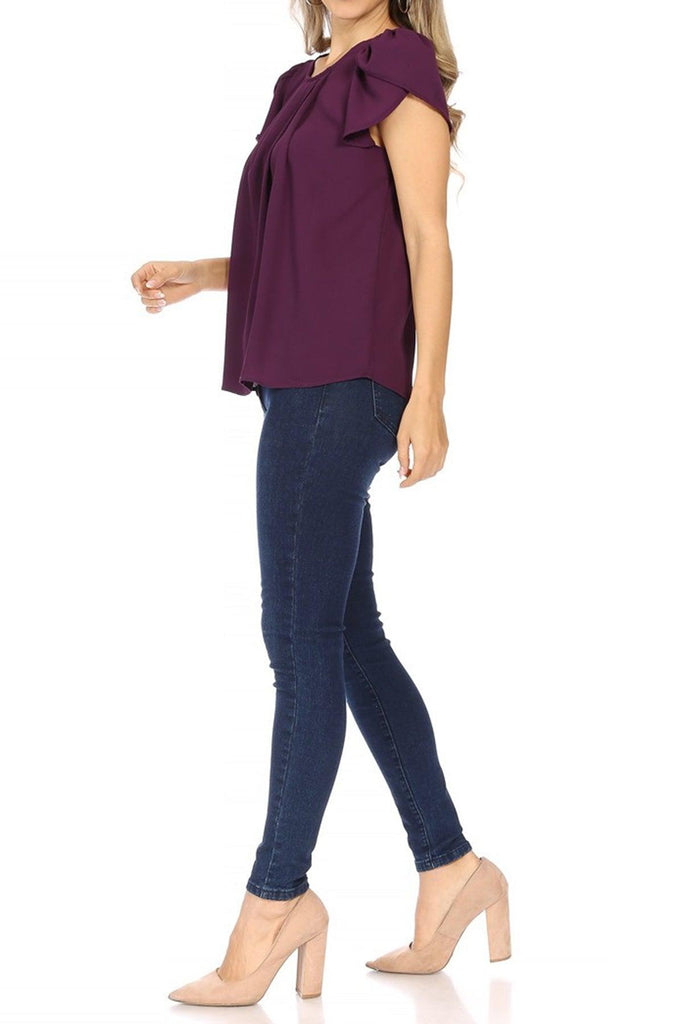 Women's Casual Solid Pleated Front Petal Cap Sleeve Round Neck Blouse FashionJOA