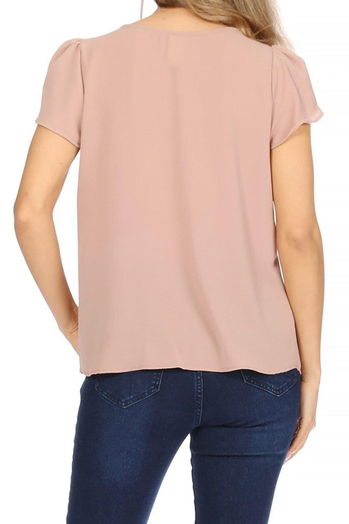 Women's Casual Solid Pleated Front Petal Cap Sleeve Round Neck Blouse FashionJOA