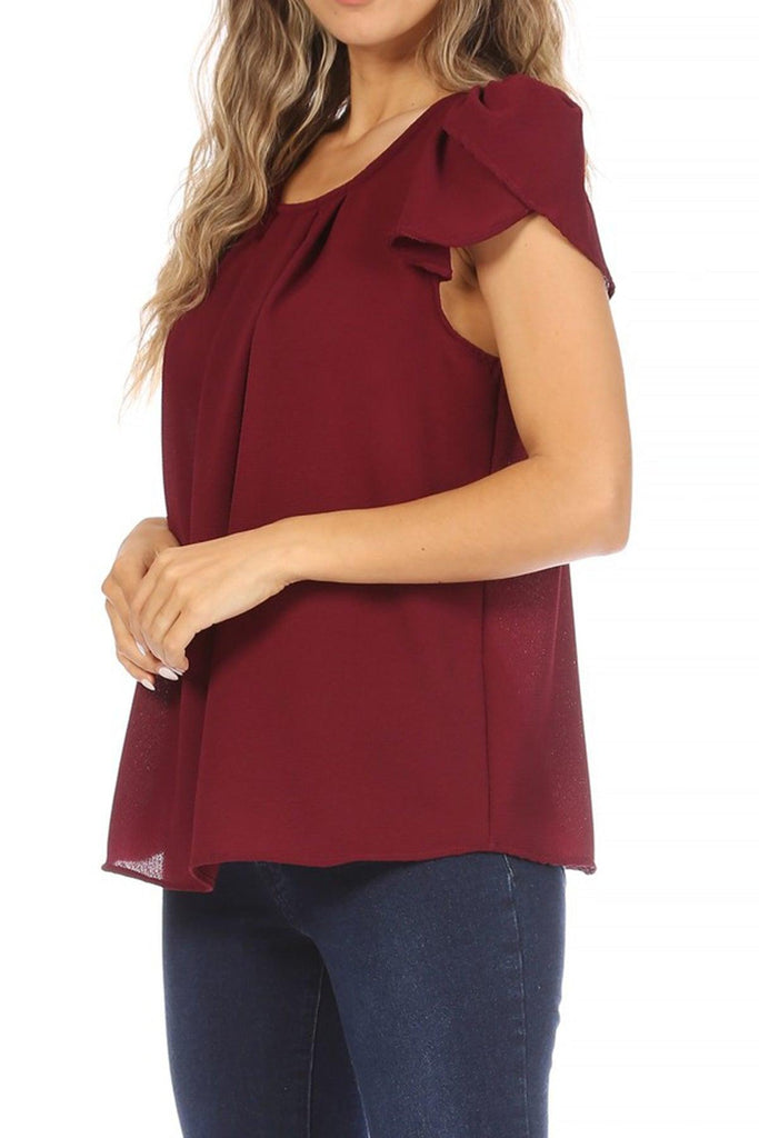 Women's Casual Solid Pleated Front Petal Cap Sleeve Round Neck Blouse FashionJOA
