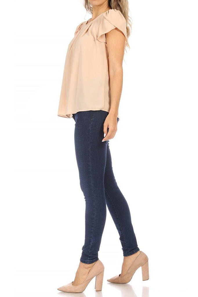 Women's Casual Solid Pleated Front Petal Cap Sleeve Round Neck Blouse FashionJOA