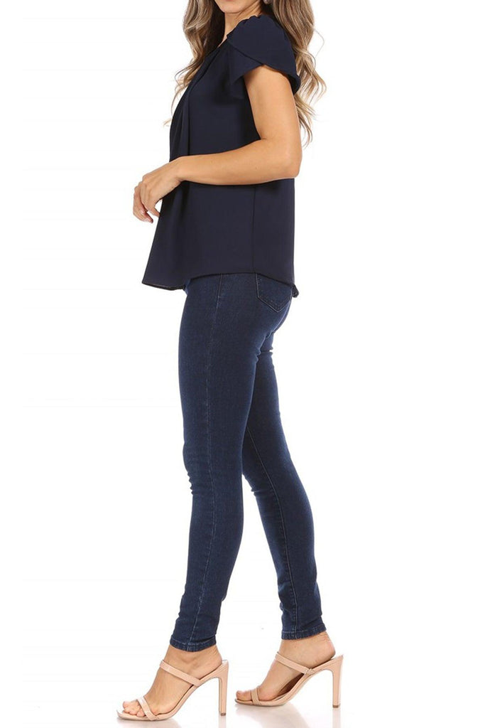 Women's Casual Solid Pleated Front Petal Cap Sleeve Round Neck Blouse FashionJOA