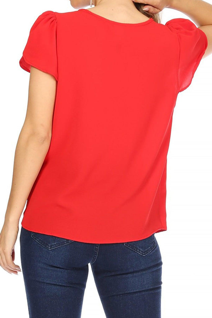 Women's Casual Solid Pleated Front Petal Cap Sleeve Round Neck Blouse FashionJOA