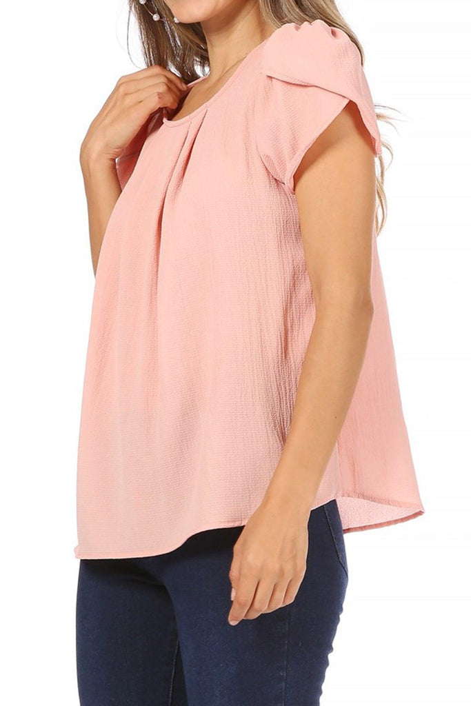 Women's Casual Solid Pleated Front Petal Cap Sleeve Round Neck Blouse FashionJOA