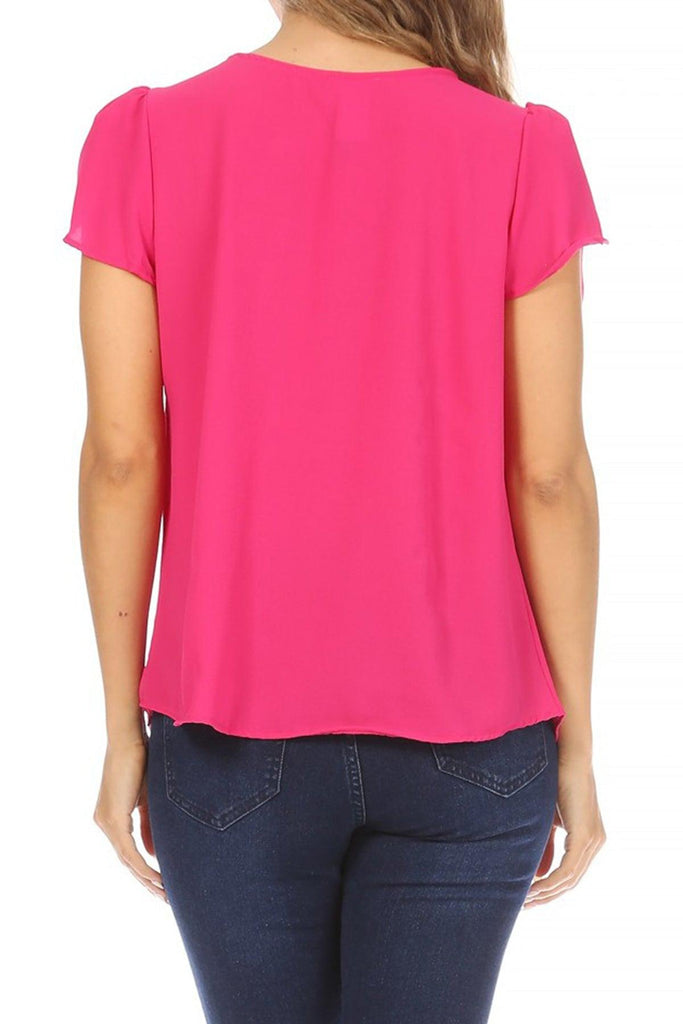 Women's Casual Solid Pleated Front Petal Cap Sleeve Round Neck Blouse FashionJOA