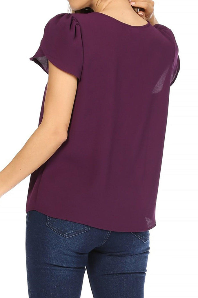 Women's Casual Solid Pleated Front Petal Cap Sleeve Round Neck Blouse FashionJOA