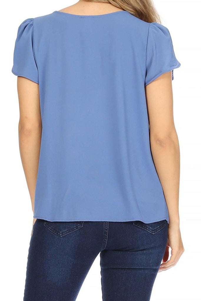 Women's Casual Solid Pleated Front Petal Cap Sleeve Round Neck Blouse FashionJOA
