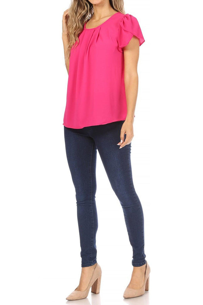 Women's Casual Solid Pleated Front Petal Cap Sleeve Round Neck Blouse FashionJOA