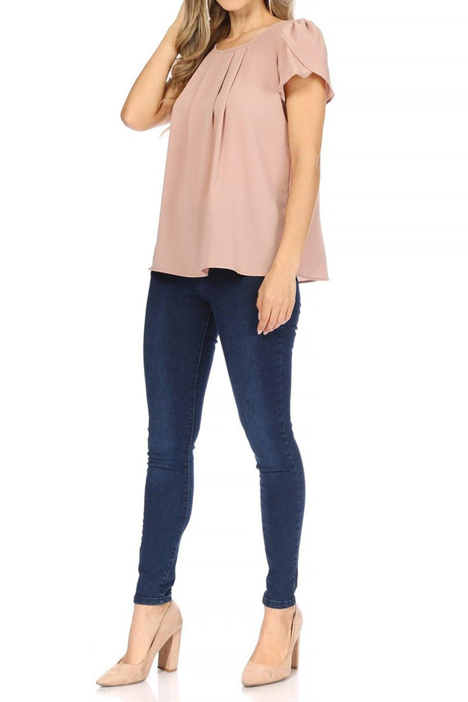 Women's Casual Solid Pleated Front Petal Cap Sleeve Round Neck Blouse FashionJOA