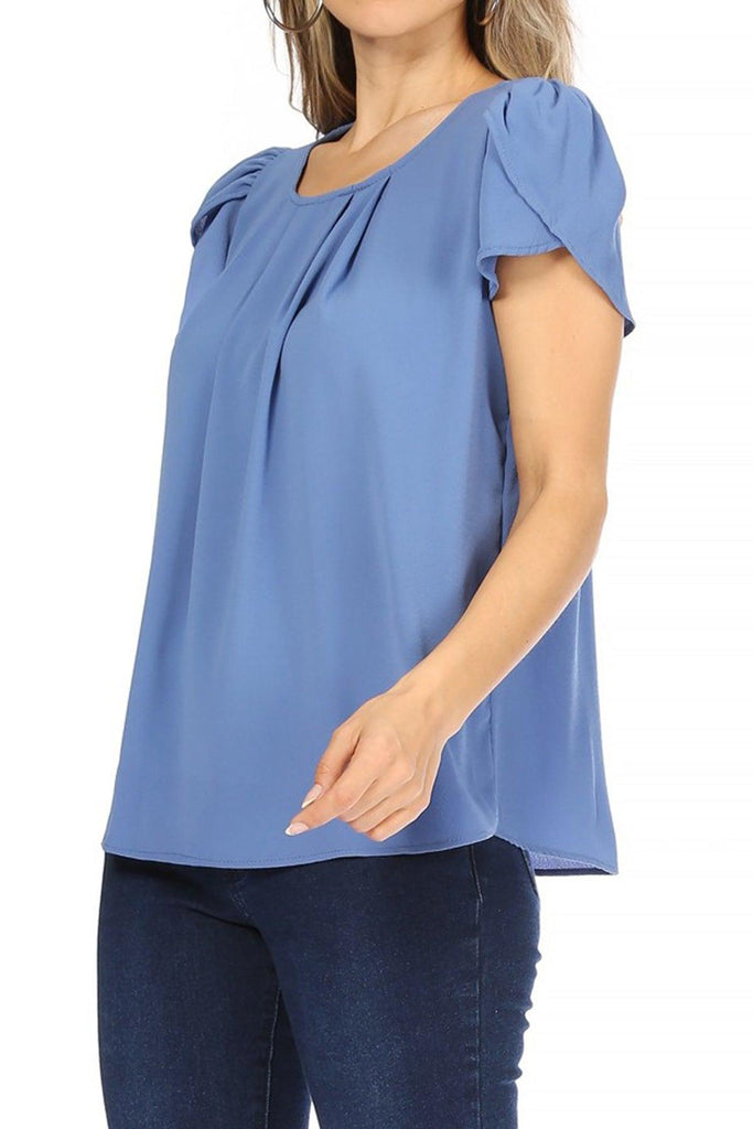 Women's Casual Solid Pleated Front Petal Cap Sleeve Round Neck Blouse FashionJOA