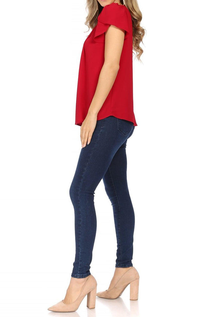 Women's Casual Solid Pleated Front Petal Cap Sleeve Round Neck Blouse FashionJOA