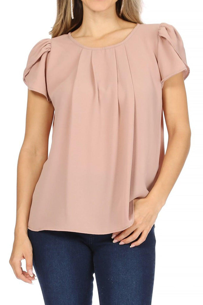 Women's Casual Solid Pleated Front Petal Cap Sleeve Round Neck Blouse FashionJOA