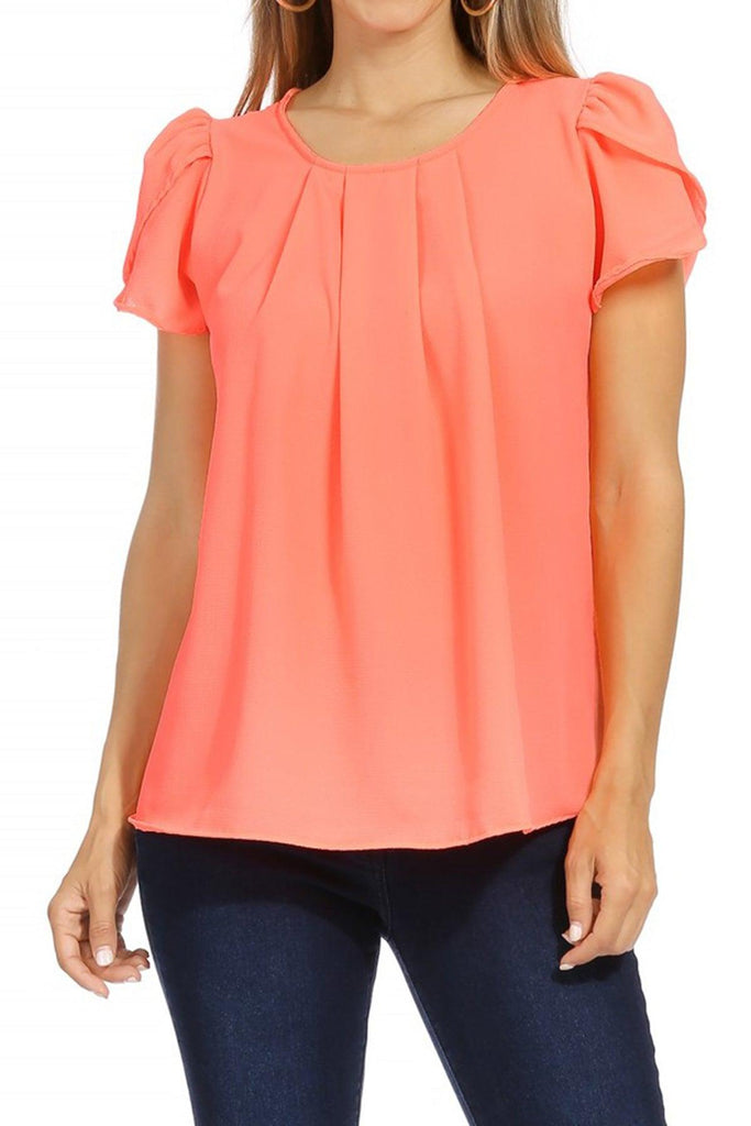 Women's Casual Solid Pleated Front Petal Cap Sleeve Round Neck Blouse FashionJOA