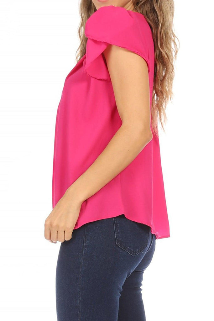 Women's Casual Solid Pleated Front Petal Cap Sleeve Round Neck Blouse FashionJOA