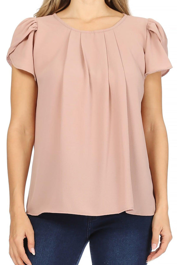 Women's Casual Solid Pleated Front Petal Cap Sleeve Round Neck Blouse FashionJOA
