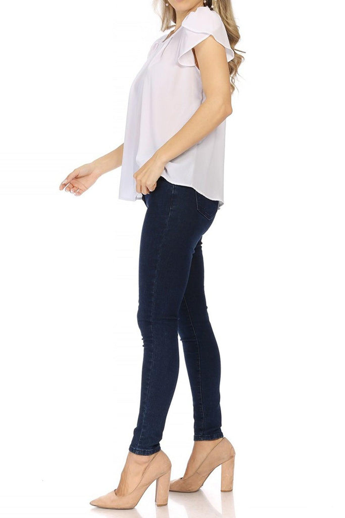 Women's Casual Solid Pleated Front Petal Cap Sleeve Round Neck Blouse FashionJOA