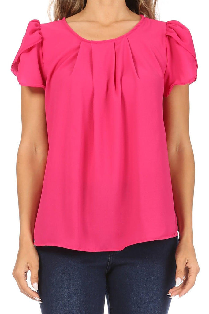 Women's Casual Solid Pleated Front Petal Cap Sleeve Round Neck Blouse FashionJOA