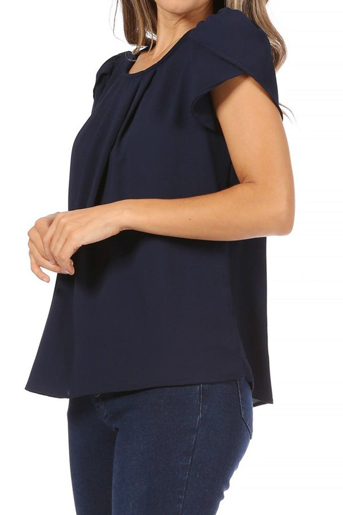 Women's Casual Solid Pleated Front Petal Cap Sleeve Round Neck Blouse FashionJOA