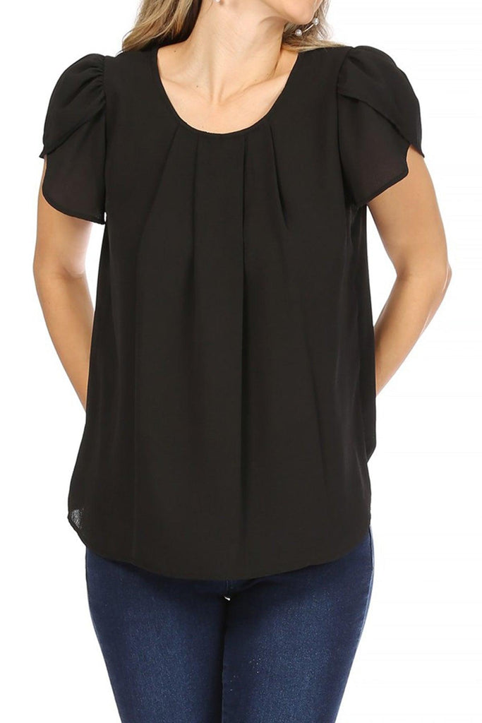Women's Casual Solid Pleated Front Petal Cap Sleeve Round Neck Blouse FashionJOA