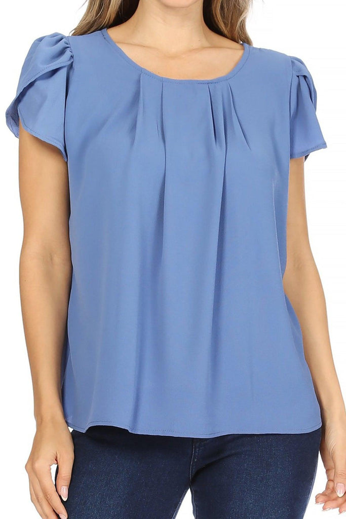 Women's Casual Solid Pleated Front Petal Cap Sleeve Round Neck Blouse FashionJOA