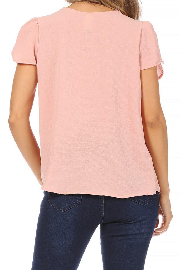 Women's Casual Solid Pleated Front Petal Cap Sleeve Round Neck Blouse FashionJOA