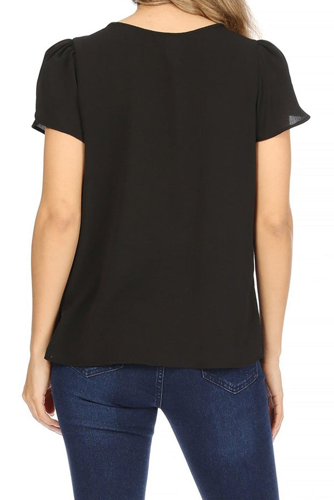 Women's Casual Solid Pleated Front Petal Cap Sleeve Round Neck Blouse FashionJOA
