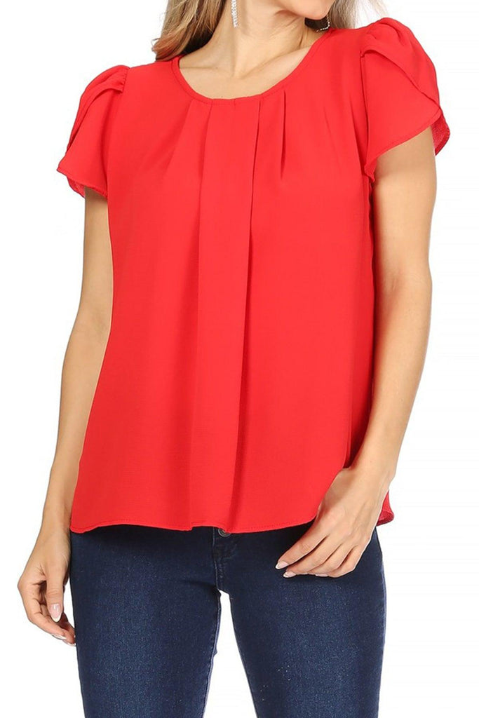 Women's Casual Solid Pleated Front Petal Cap Sleeve Round Neck Blouse FashionJOA