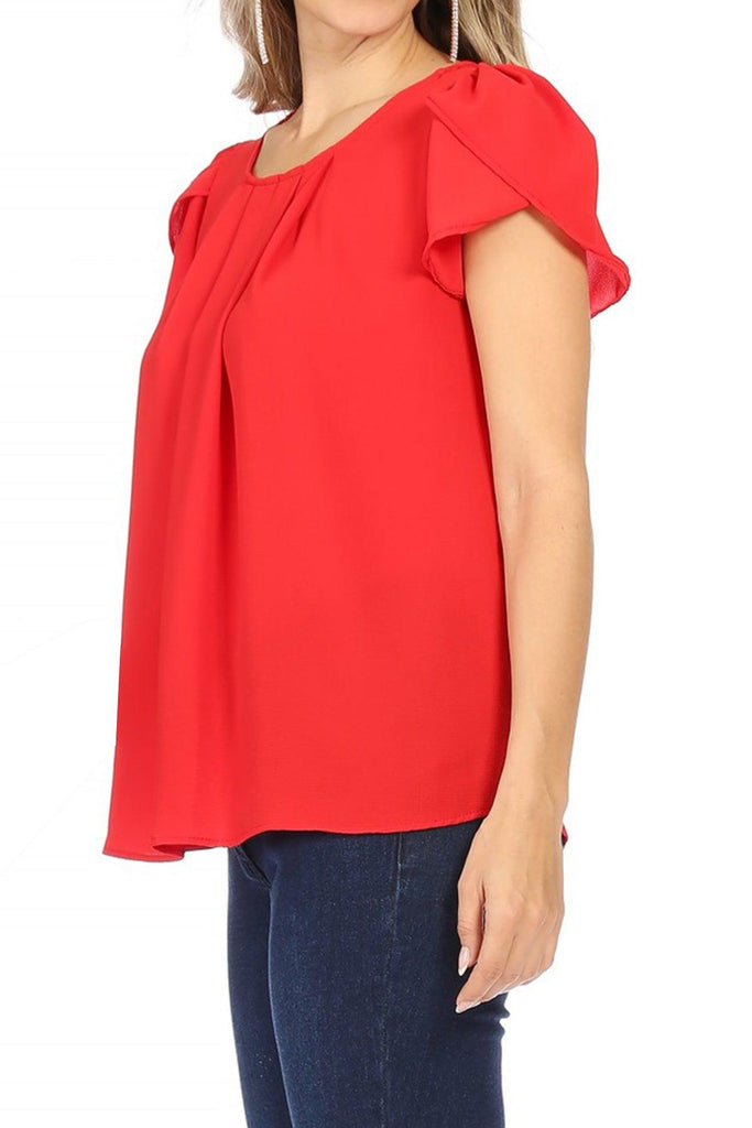 Women's Casual Solid Pleated Front Petal Cap Sleeve Round Neck Blouse FashionJOA