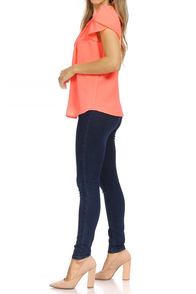 Women's Casual Solid Pleated Front Petal Cap Sleeve Round Neck Blouse FashionJOA