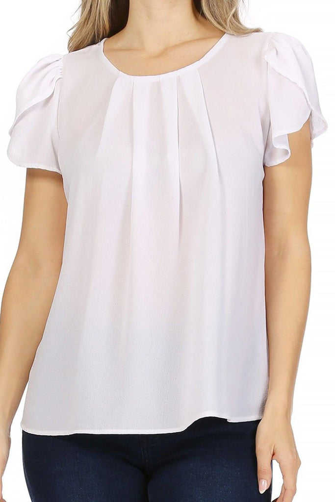 Women's Casual Solid Pleated Front Petal Cap Sleeve Round Neck Blouse FashionJOA