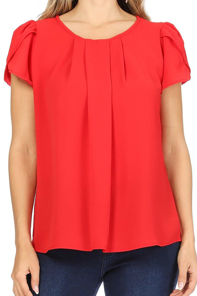 Women's Casual Solid Pleated Front Petal Cap Sleeve Round Neck Blouse FashionJOA