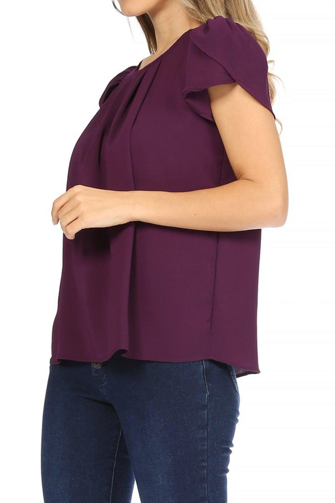 Women's Casual Solid Pleated Front Petal Cap Sleeve Round Neck Blouse FashionJOA
