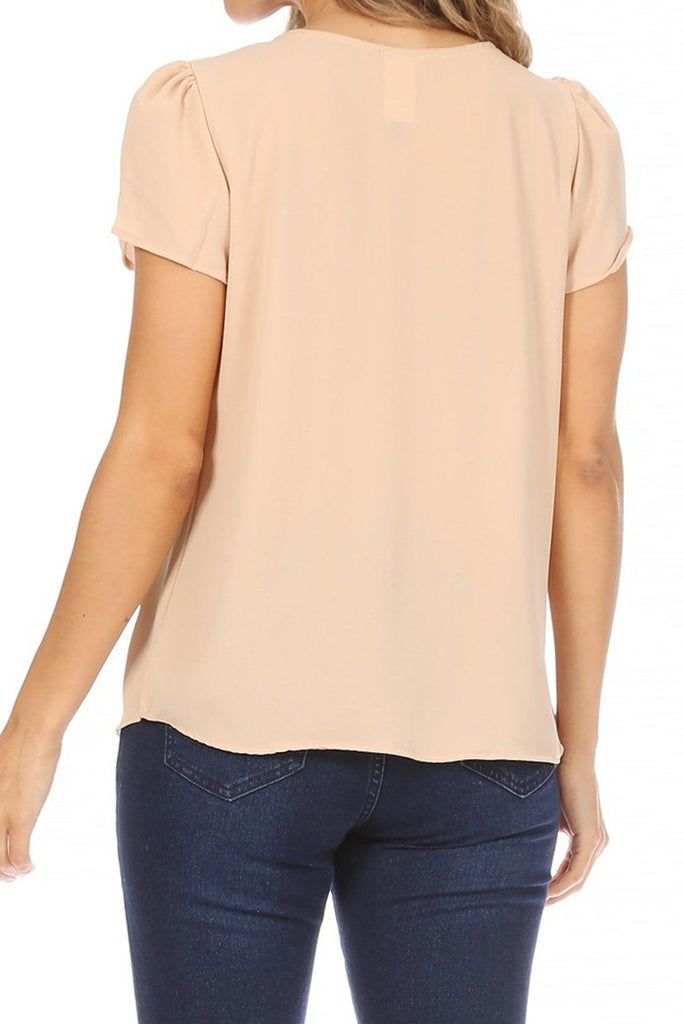 Women's Casual Solid Pleated Front Petal Cap Sleeve Round Neck Blouse FashionJOA