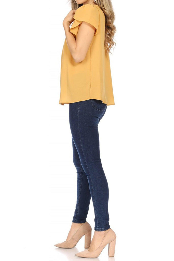 Women's Casual Solid Pleated Front Petal Cap Sleeve Round Neck Blouse FashionJOA