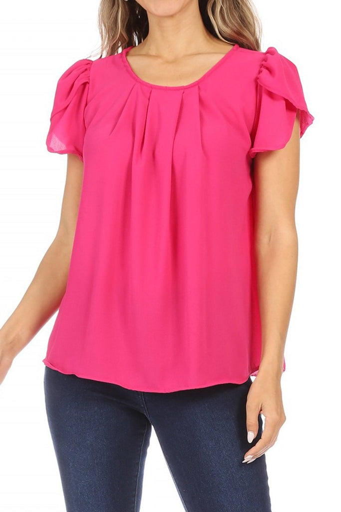 Women's Casual Solid Pleated Front Petal Cap Sleeve Round Neck Blouse FashionJOA
