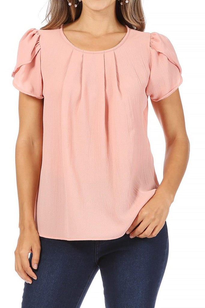 Women's Casual Solid Pleated Front Petal Cap Sleeve Round Neck Blouse FashionJOA