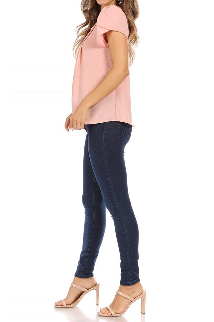 Women's Casual Solid Pleated Front Petal Cap Sleeve Round Neck Blouse FashionJOA