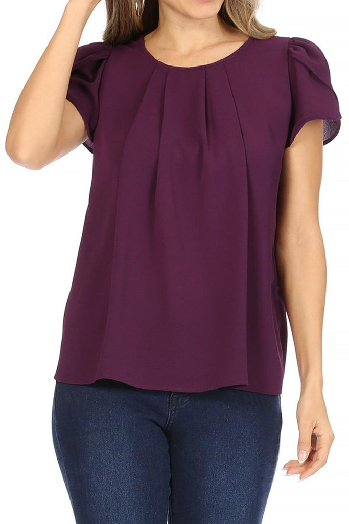 Women's Casual Solid Pleated Front Petal Cap Sleeve Round Neck Blouse FashionJOA