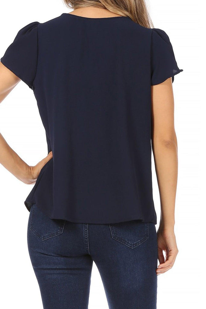 Women's Casual Solid Pleated Front Petal Cap Sleeve Round Neck Blouse FashionJOA