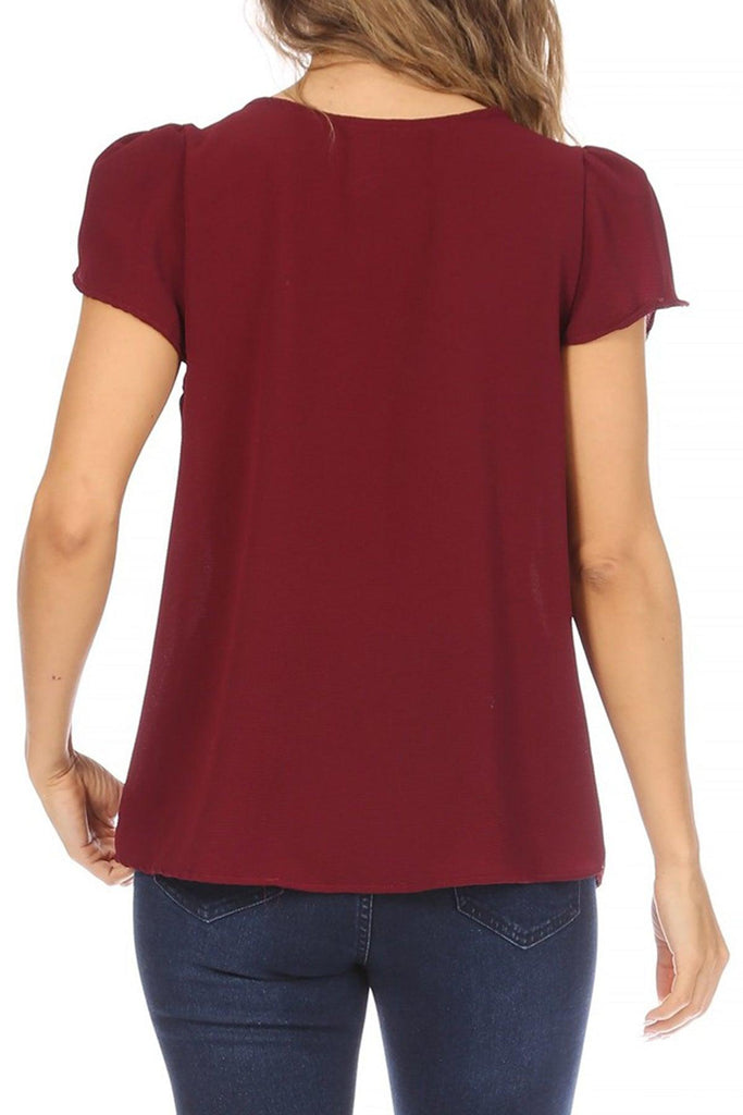 Women's Casual Solid Pleated Front Petal Cap Sleeve Round Neck Blouse FashionJOA