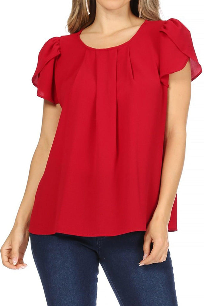 Women's Casual Solid Pleated Front Petal Cap Sleeve Round Neck Blouse FashionJOA