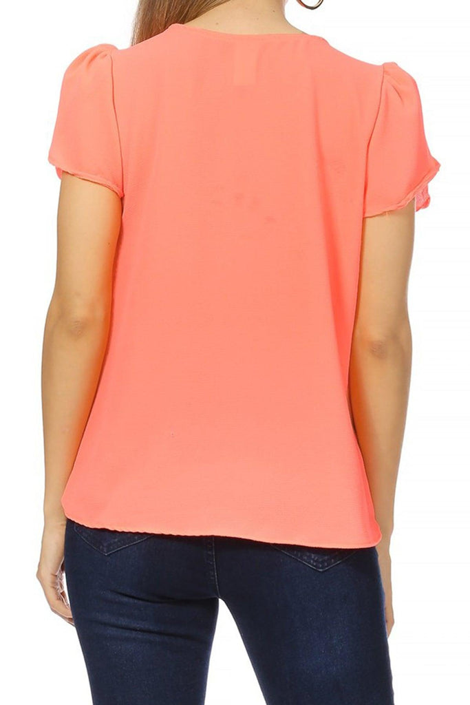 Women's Casual Solid Pleated Front Petal Cap Sleeve Round Neck Blouse FashionJOA